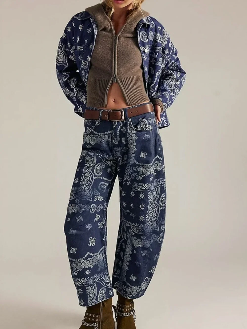 NWOT Free People We the Free Opal Swing Printed Denim Jacket- Navy Combo-Bandana - Picture 2 of 8